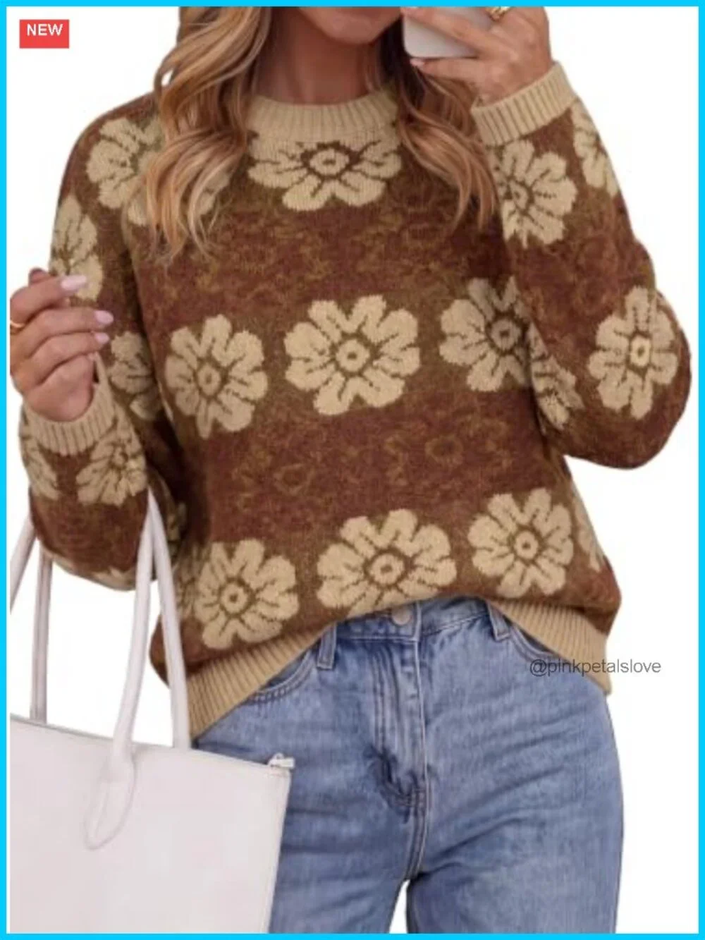 Floral Crewneck Knit Pullover Sweater Loose Fit Long Sleeve